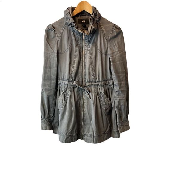 H&M Grey Distressed Ruffle Collar Pleated Cotton Casual Zip Spring Jacket Coat 6 - Picture 1 of 8